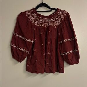 Wonderly Burgundy Puff Sleeve Blouse with Embroidery and tie back